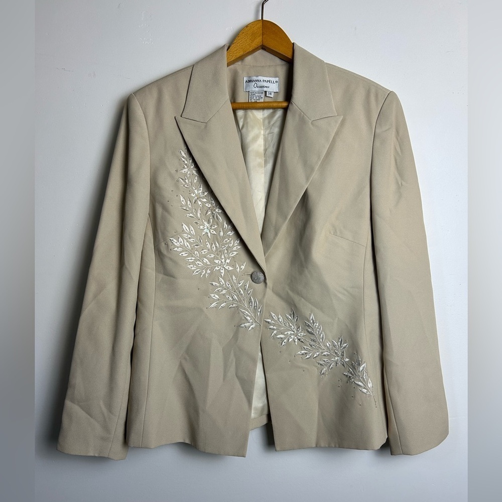 VTG Y2K Adrianna Papel Occasion 14 Blazer Beaded Sequins Tan one Button Preppy